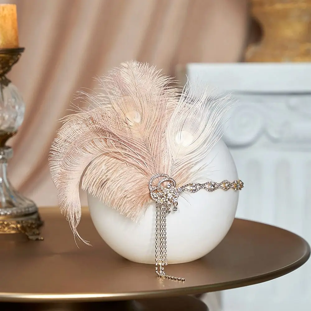 Retro Vintage Feather Headband Sequin Zircon Masquerade Hair Band Makeup Party Crystal 1920s Hair Accessories Bridal Headdress