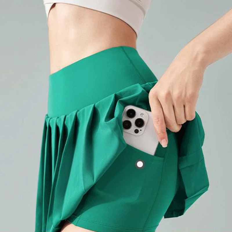 INLUMINE Lycra Pleated Yoga Skirt Anti-Exposure Badminton Tennis Skirt Women's One-Piece Elastic Gym Fitness Running Sport Skirt