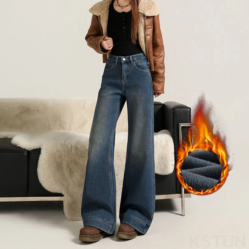 Bell-Bottom Jeans Women High Waist Warm Thicken Jeans With Fleece Womens Winter Wide Leg Flared Pants Comfortable Vintage Pants