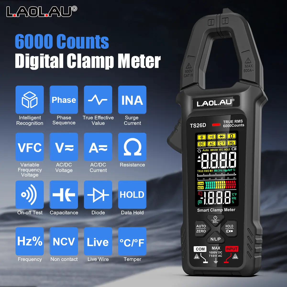 Laolau multímetro digital com braçadeira, sequência de fase, faixa automática, tela colorida, recarregável, corrente ac/dc, testador elétrico ts26a ts26d