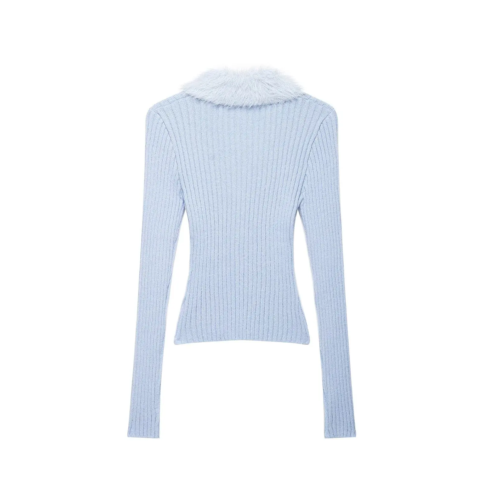 BSAY 2026 Autumn New Women Fashion Slim Ribbed Knit Zip Front Top Textured Contrast Lapel Casual Light Blue Long Sleeve Cardigan