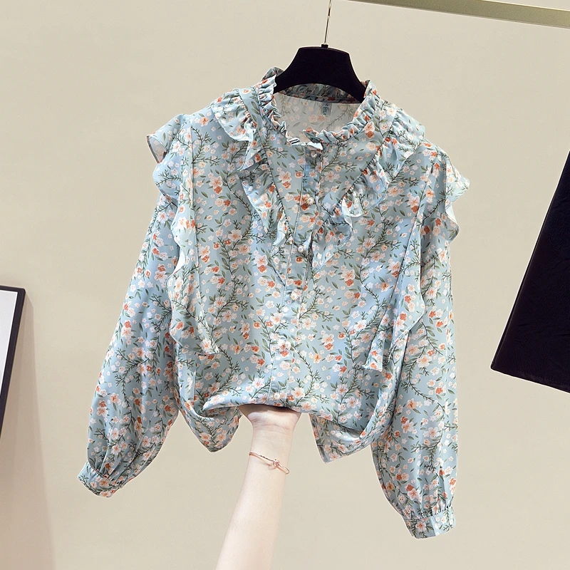 Green Floral Printing Chiffon Elegant Stand Collar Single Breasted Women\'s Blouse Shirt Korean Fashion Female Clothing Tops 2024