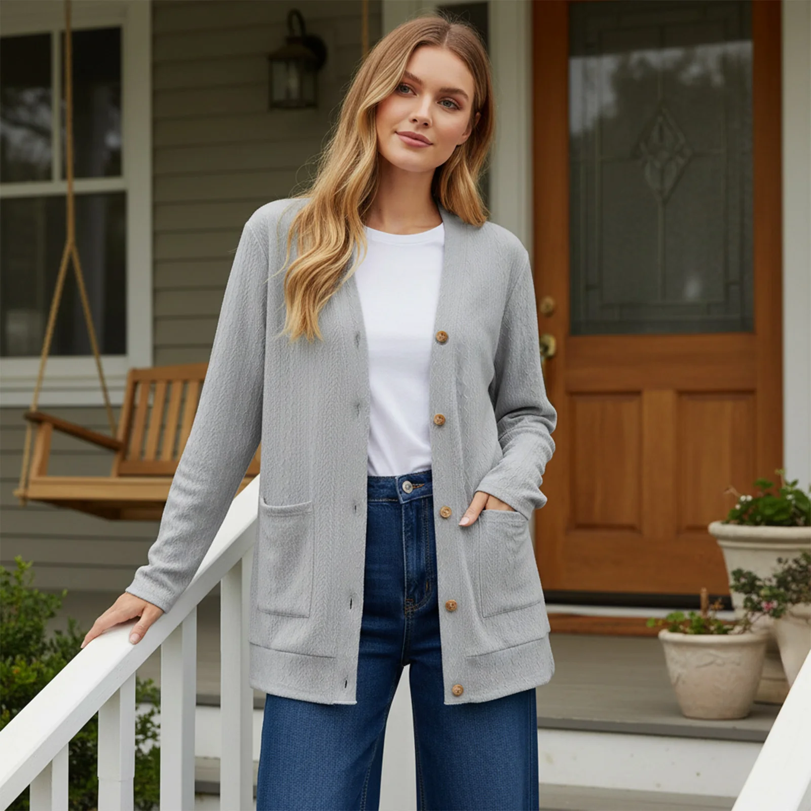 

Женский осенне-зимний свитер, кардиган, однотонный жаккардовый трикотаж на пуговицах с длинными рукавами и двумя карманами