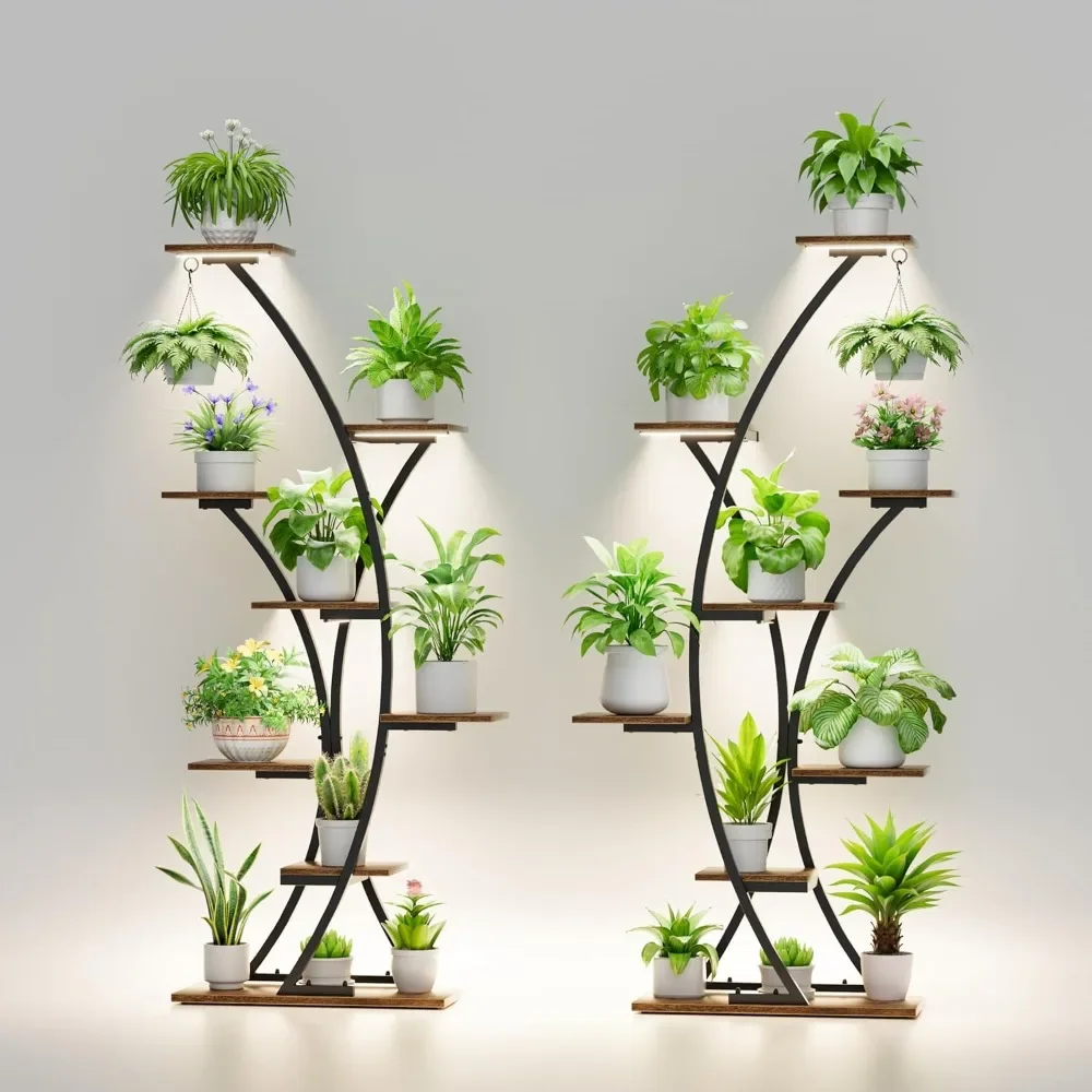 

64" 2 Pack Plant Stands with Grow Lights, 8 Tiered Curved Plant Shelf for Indoor Plants Multiple, Tall Lighted Corner Shelves