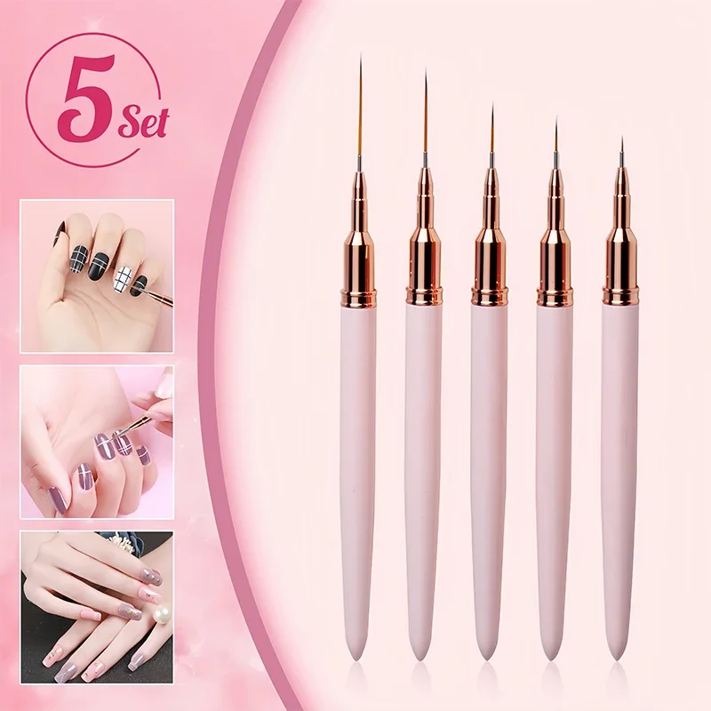 5Pcs Nail Art Liner Brushes Set Elongated Lines Striping Drawing UV Gel Painting Nail Design Pen Professional Manicure Tool