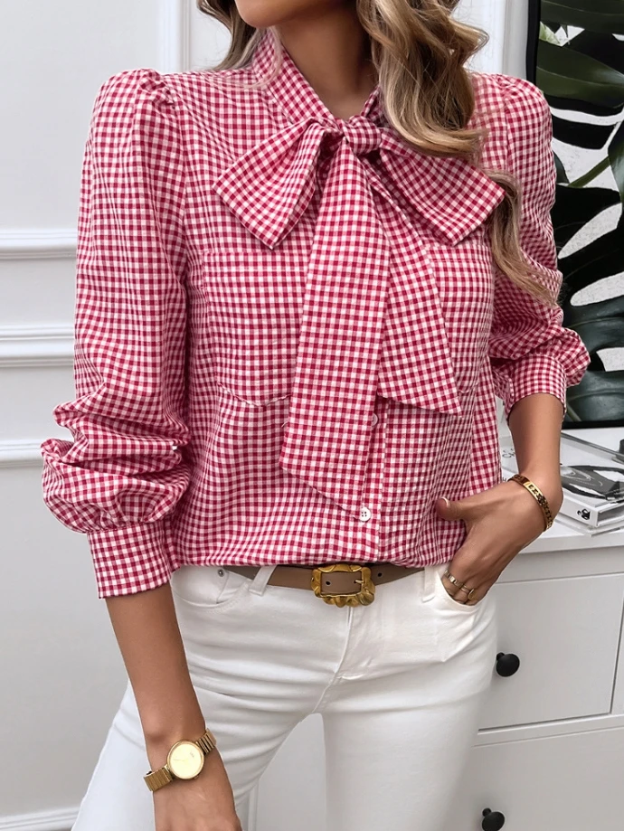 Elegant Women\'s T-Shirt Summer Fashion Korean Version Casual Checkered Print Bow Tie O-Neck Straight Tube Long Sleeved Blouses