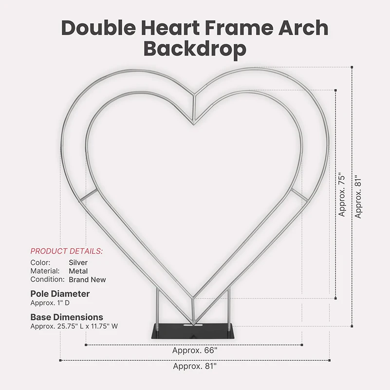 Aluminium Heart Arch Backdrop Stand, Sturdy and Durable, for Baby Showers, Wedding Ceremonies, Birthday Party Decorations, 6.5ft