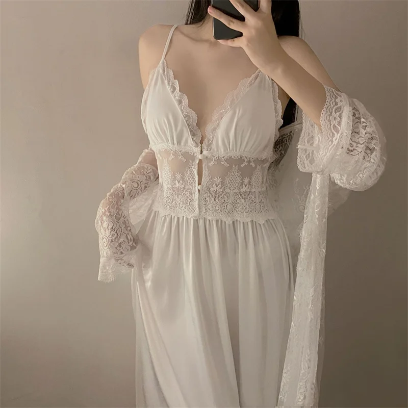 Sexy Two Piece Dress Set Spring Summer Sleepwear Lingerie Lace Sling Long Sleeve Nightdress Women Pijama Suit Ladies Nightgowns