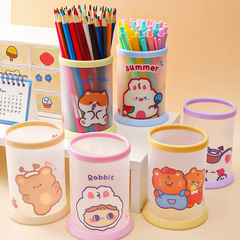 INS Cute Bear Bunny Pen Holder Kawaii Transparent Stationery Organizer Desktop Korean Cosmetics Storage Box Office Supplies