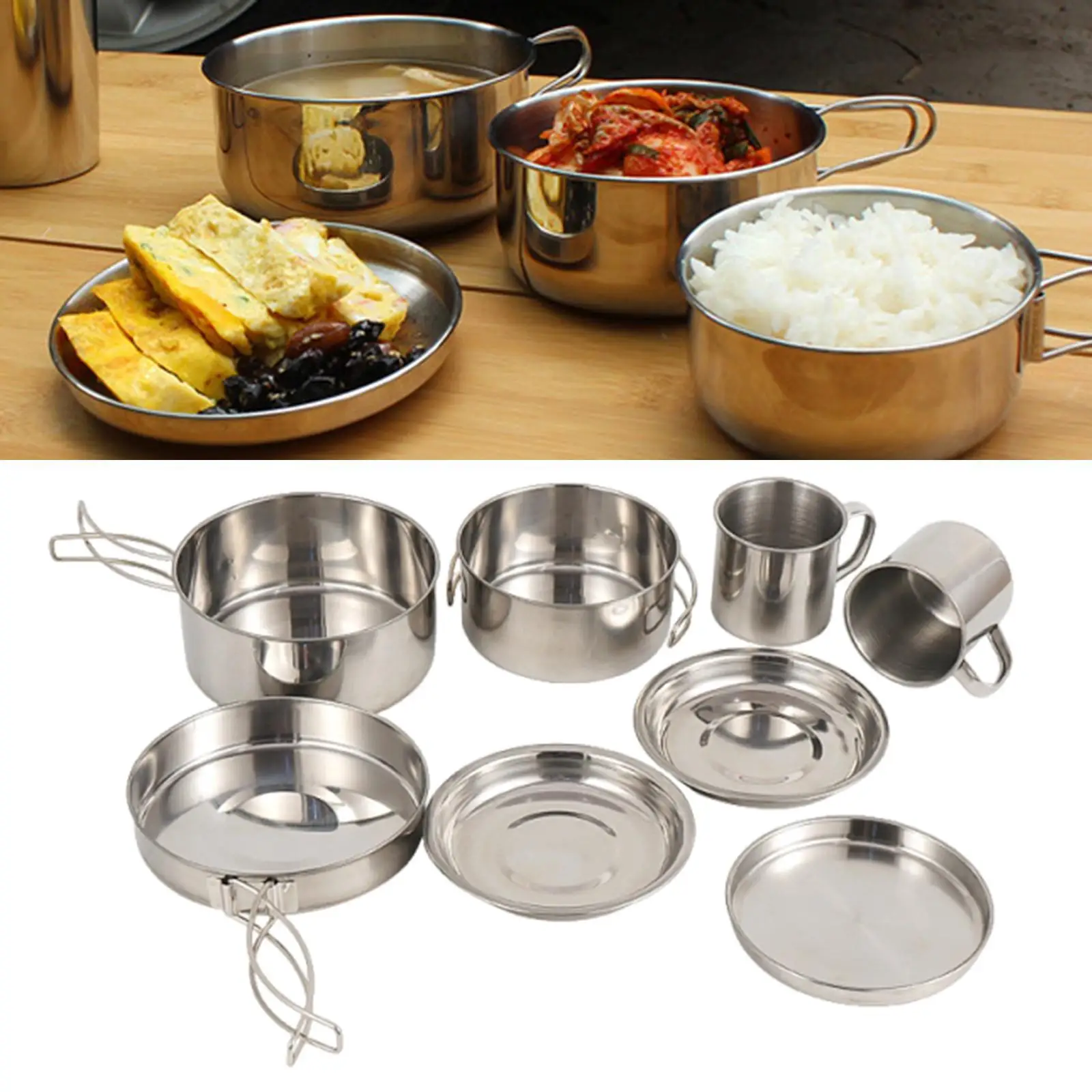 8x Camping Kookgerei Mess Kit Camping Gebruiksvoorwerpen Set Opvouwbare handgreep Kookset Pot Pan Cup Gear Outdoor Bestek voor Vissen Outdoor