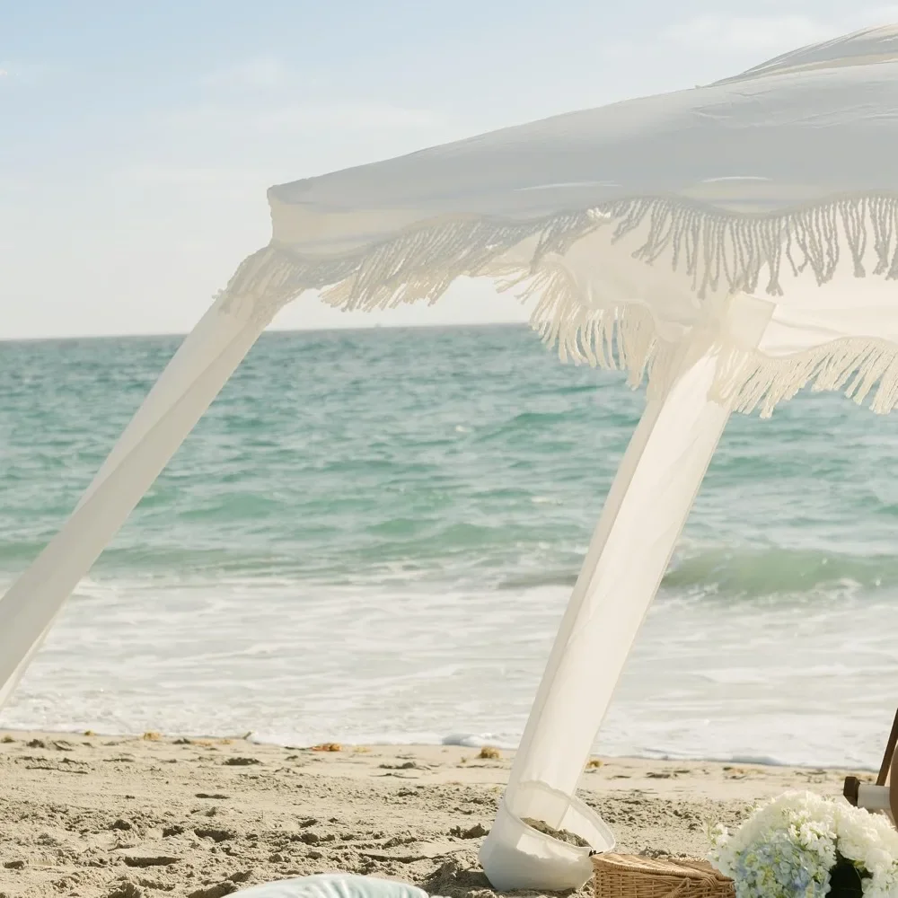 Cabana de playa con flecos, dosel de playa bohemio de 6'×6' con borlas, fácil instalación y poste de madera premium, tienda de campaña con bolsillos para arena |