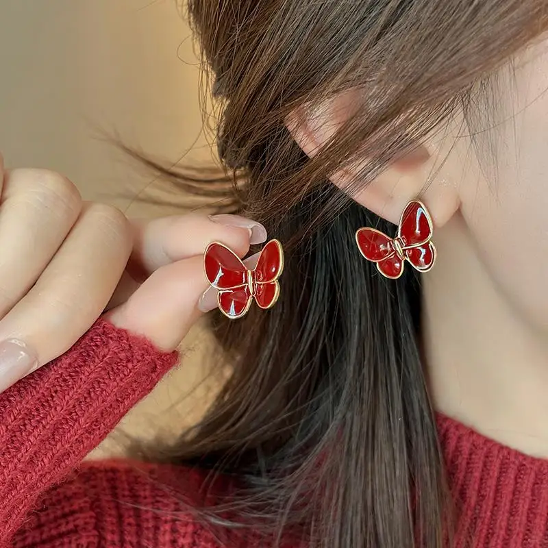 New Ancore Red Butterfly Stud Earrings for Women Enamel Oil Double Layer Wings Insect Earrings Wedding Party Sweet Jewelry Gift