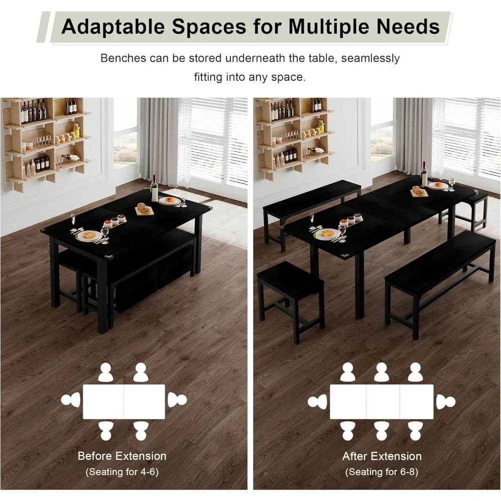 5-Piece Dining Table Set for 4-8 People, 63" Large Extendable Kitchen Table Set with 2 Benches and 2 Square Stools, Dining Table