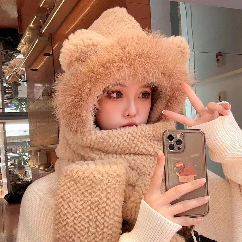 

Lairauiy 3 In 1 Women's Fluffy Plush Warm Cat Ears Hooded Scarf Earflap Hat Gloves Mittens Cartoon Animal Warm Winter Present