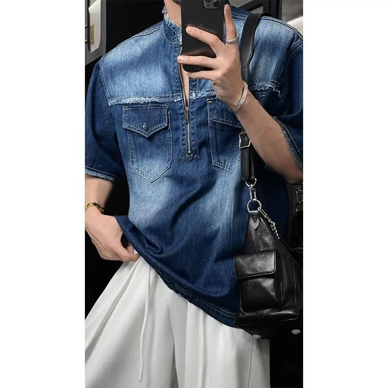 Summer New American Retro Short-sleeved Denim Shirt Men's Casual Stand-up Collar Fashion