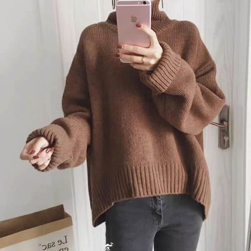 Heavy duty high neck 100% pure cashmere sweater for women, lazy, thick, loose fitting pullover, plus size base sweater