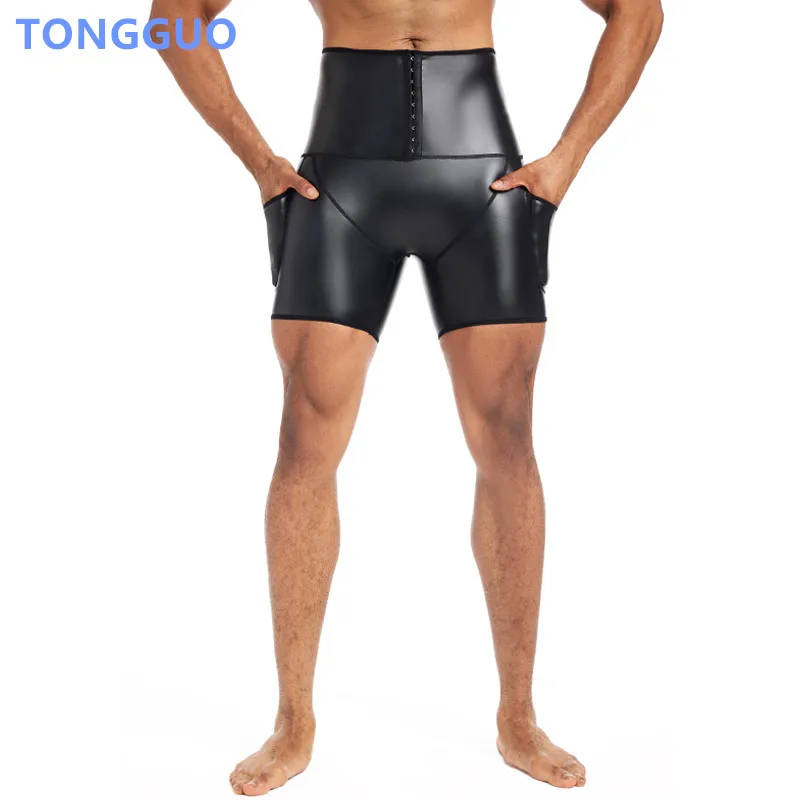 Legal menino estiramento calças de couro falso corpo shaper cintura trainer cintura alta abdômen 3 ganchos compressão shorts de couro com bolsos