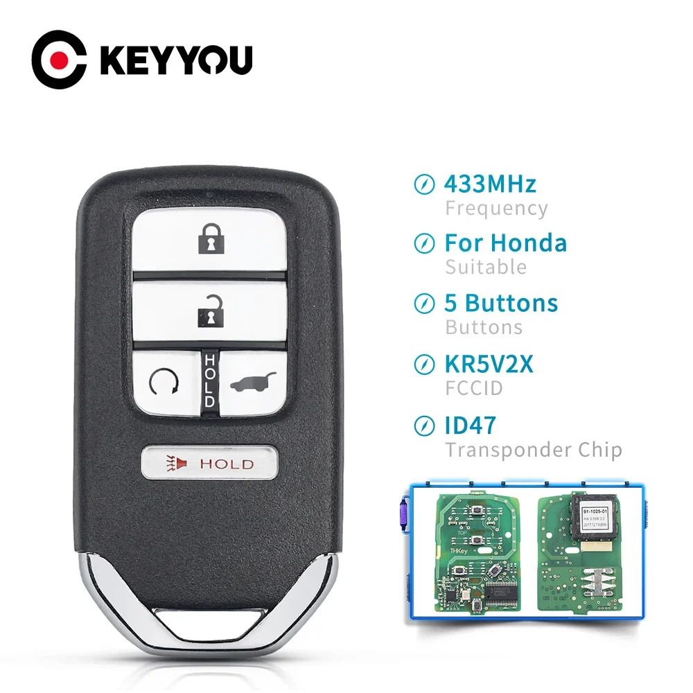 

KEYYOU Remote Key Car Smart Keyless Fob For Honda Piot CR-V Civic 2016 2017 2018 2019 FCCID: KR5V2X 433MHz ID47 Chip 5 Buttons