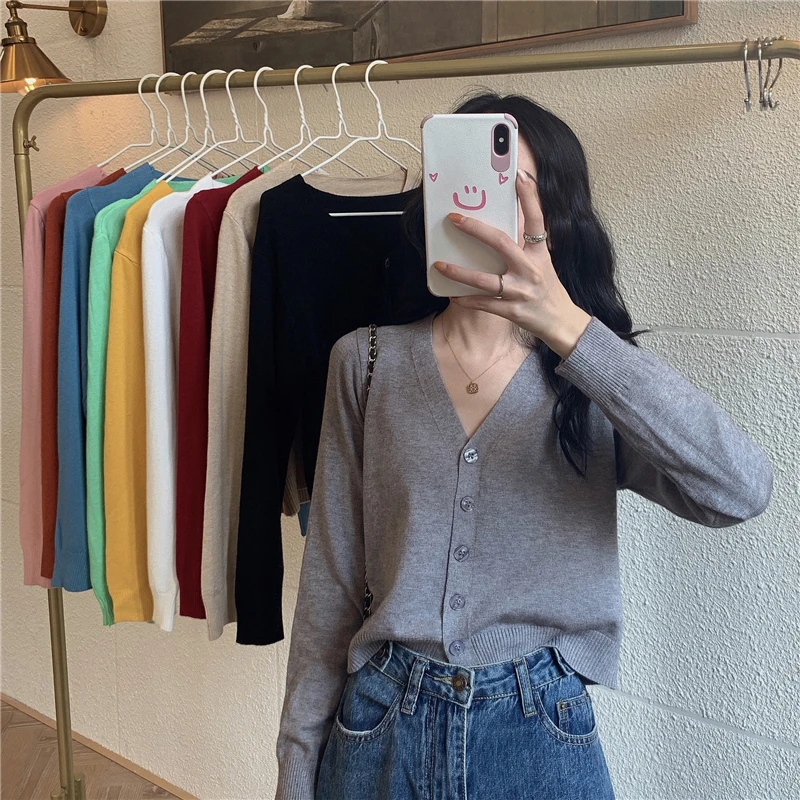 Y2k Sweet Women Crop Cardigan Korean Knitted Slim Long Sleeve Female Sweaters Autumn New All Match V Neck Ladies Casual Tops