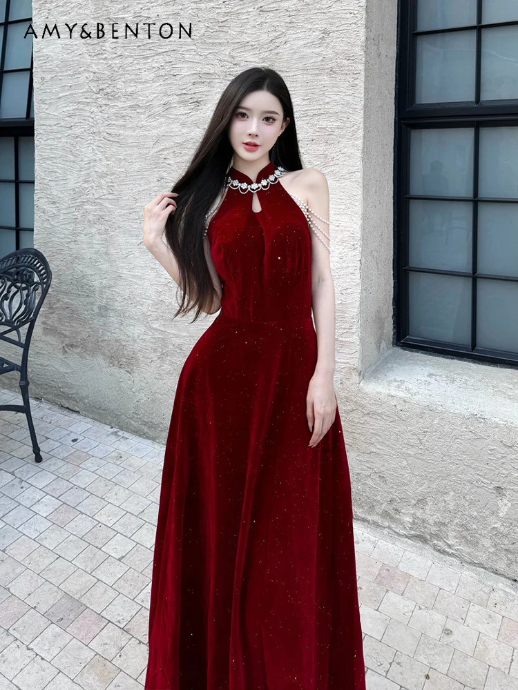 

Wine Red Halter Neck High-End Design Bridal Engagement Toast Dress Banquet Host Adult Ceremony Waist-Cinching Black Long Dress