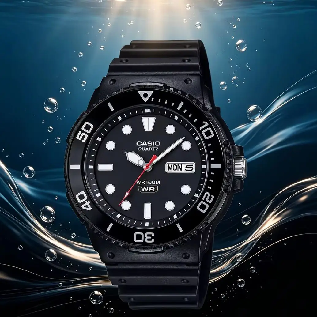 Casio MRW‑230H Series | Men Analog Quartz Watch | 100‑Meter Water Resistance | Resin Band | Rotating Bezel | Day & Date Display