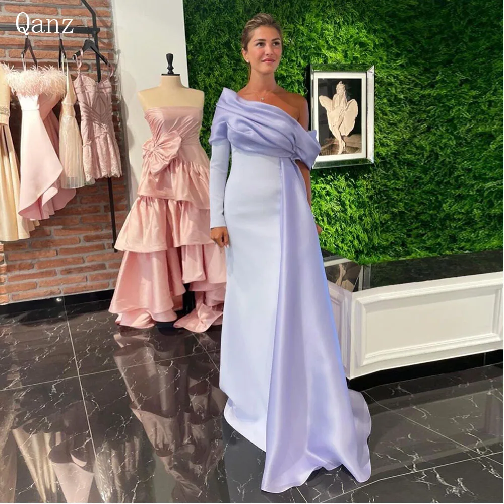 Qanz Satin Fashion Evening Dress for Wedding Party One Shoulder Sleeves Customized Prom Gowns vestido elegante mujer para fiesta