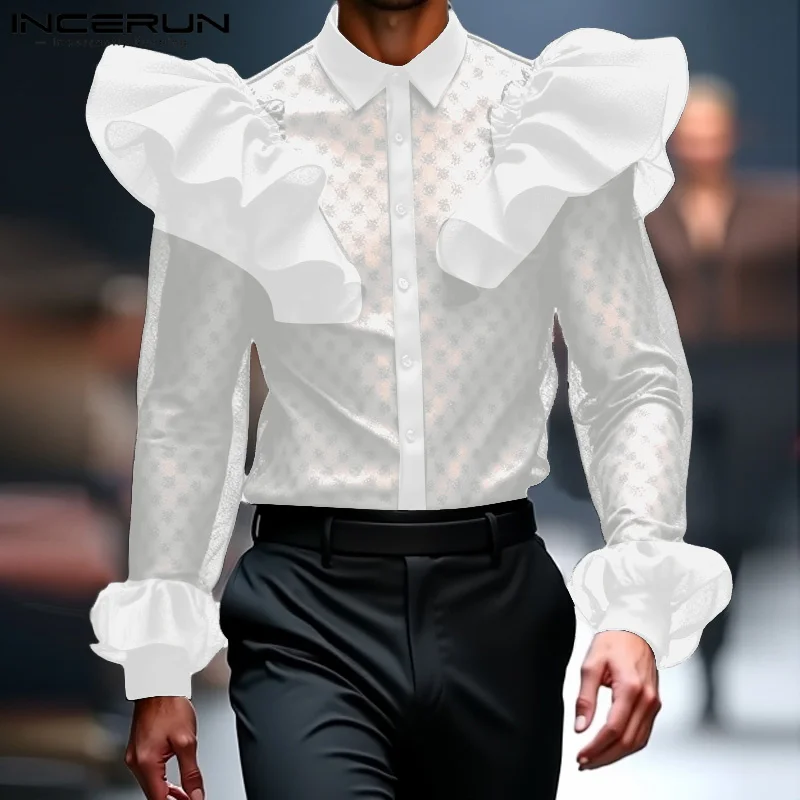 

INCERUN Fashion Well Fitting Tops New Men Lace Ruffle Edge Splicing Design Shirts Casual Clubwear Male Solid Long Sleeved Blouse