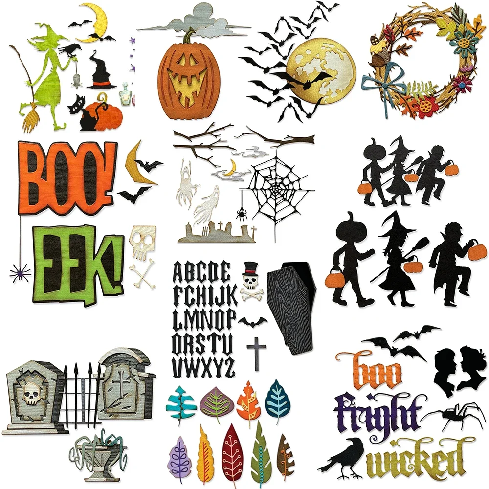 Matrices de découpe en métal, Collection d'halloween, livre de mémoire de sorcière, citrouille, chauve-souris, fantôme, cercueil, pour bricolage, Scrarpbooking, fabrication de cartes artisanales