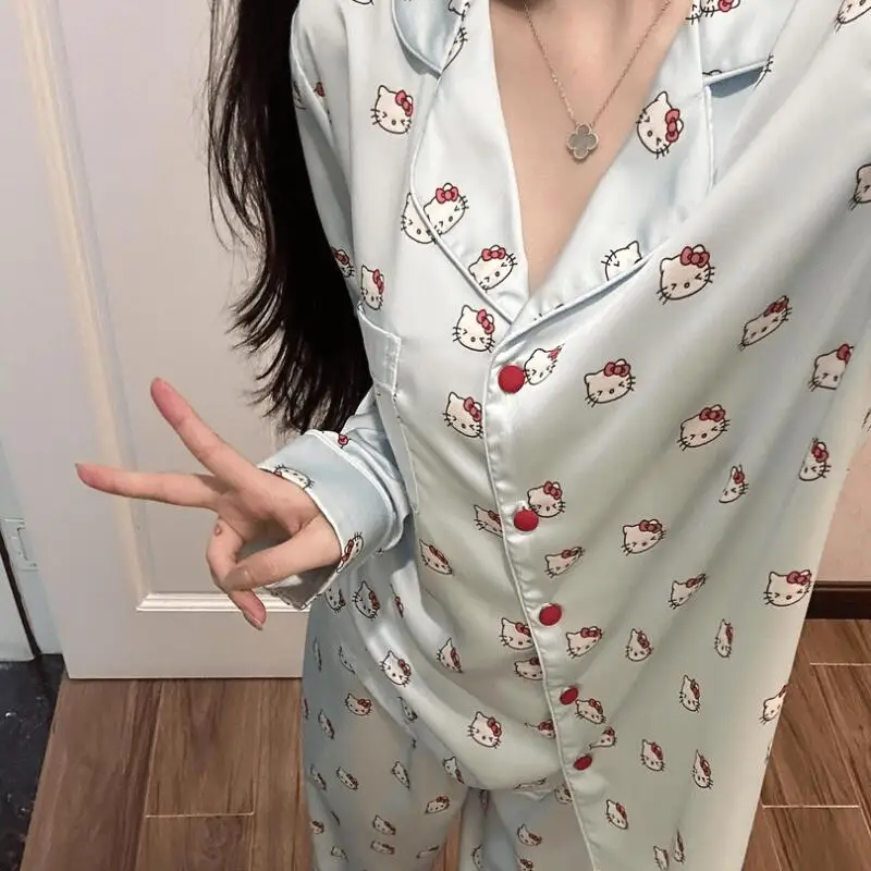 

Комплект сексуальной пижамы Sanrio Hello Kitty, весенне-осенняя одежда для сна, ночная одежда с героями мультфильмов Kawaii, пижамы с длинными рукавами и брюками, женская домашняя одежда