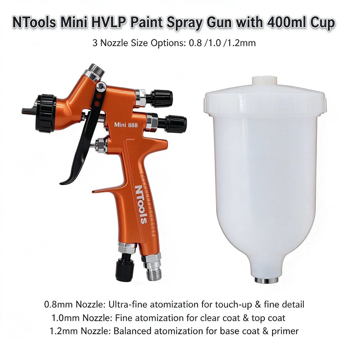 HVLP Spray Gun 0.8/1.0/1.2mm Nozzle 400CC Cup Gravity Feed Mini Air Paint Sprayer for Car Auto Furniture Painting