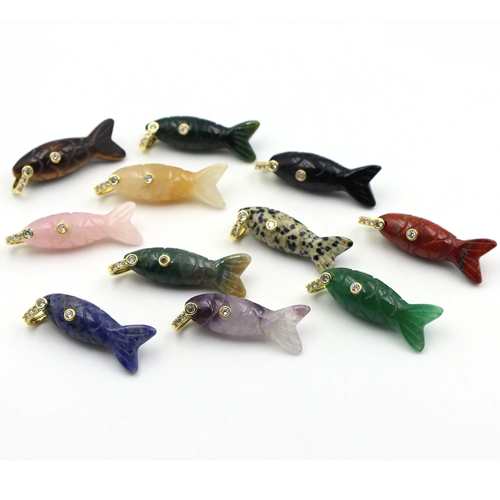 40mm Natural Stone Healing Crystal Fish Pendant White Zircon Gold Plated Bail Charm for DIY Necklace Jewelry Making Accessories
