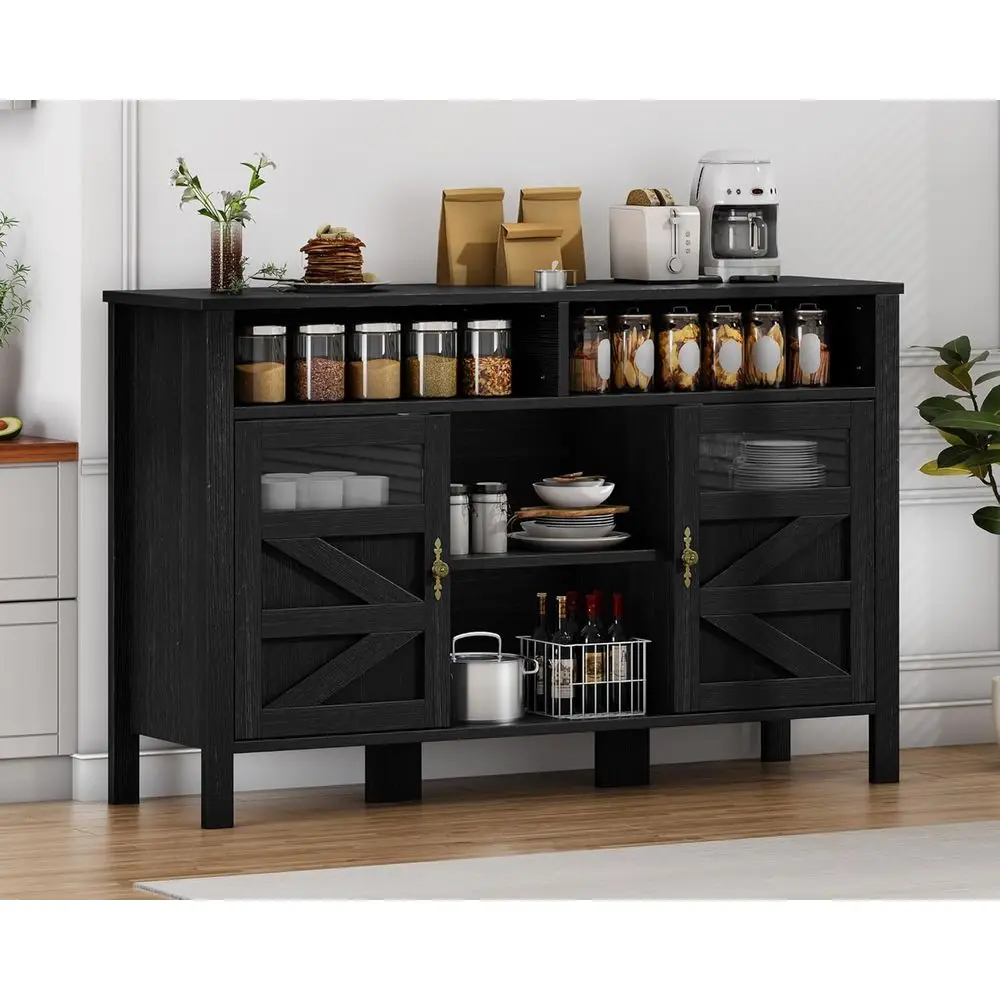 خزانة بوفيه كبيرة للمزرعة مقاس 55 بوصة مع مساحة تخزين، وخزانة جانبية مزدوجة الباب مع رفوف مفتوحة، وطاولة بار قهوة متعددة الأغراض لـ