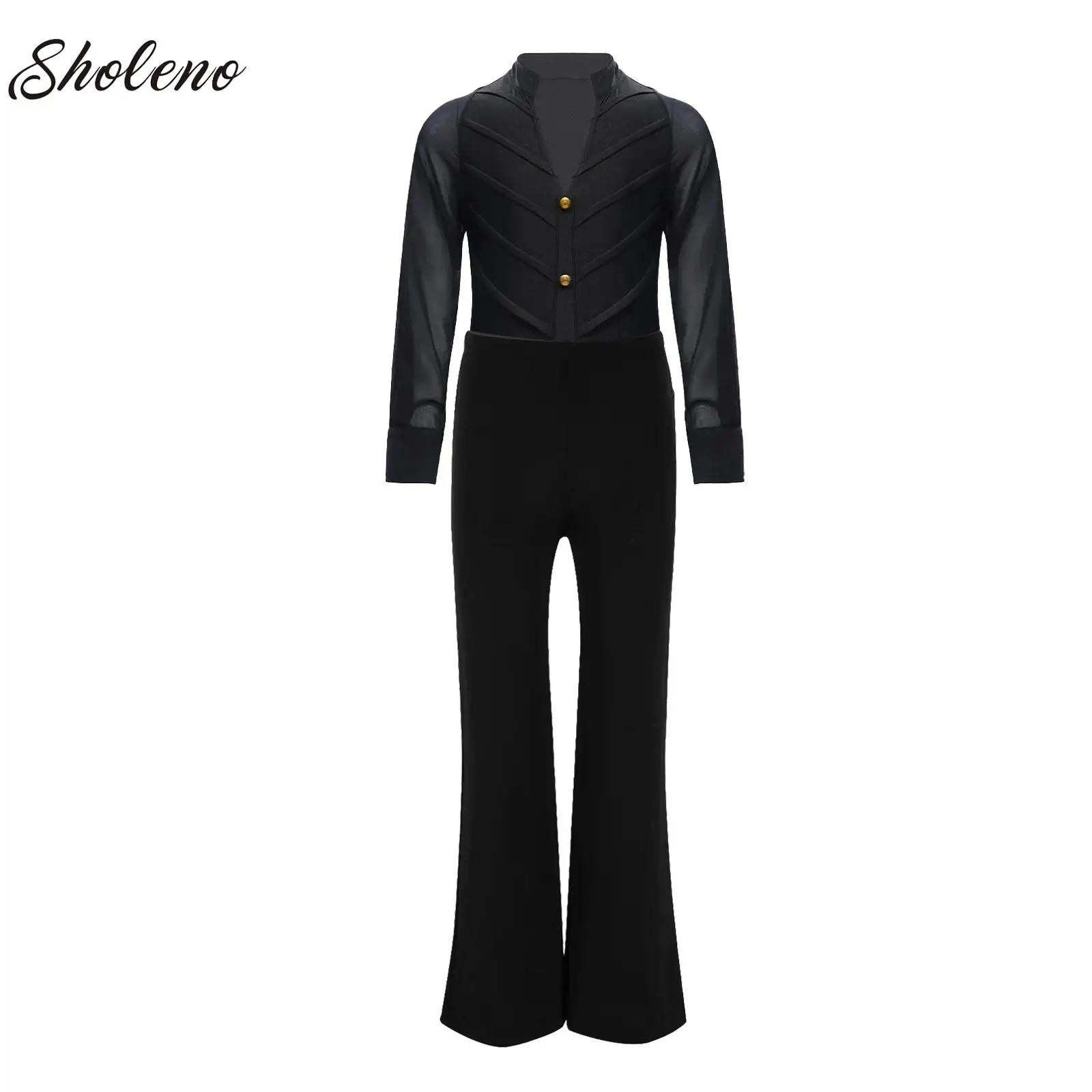 

Kids Boys Latin Dance Suit Long Sleeve Glittery Rhinestones Leotard Shirt with Pants Set for Ballroom Competition Performance