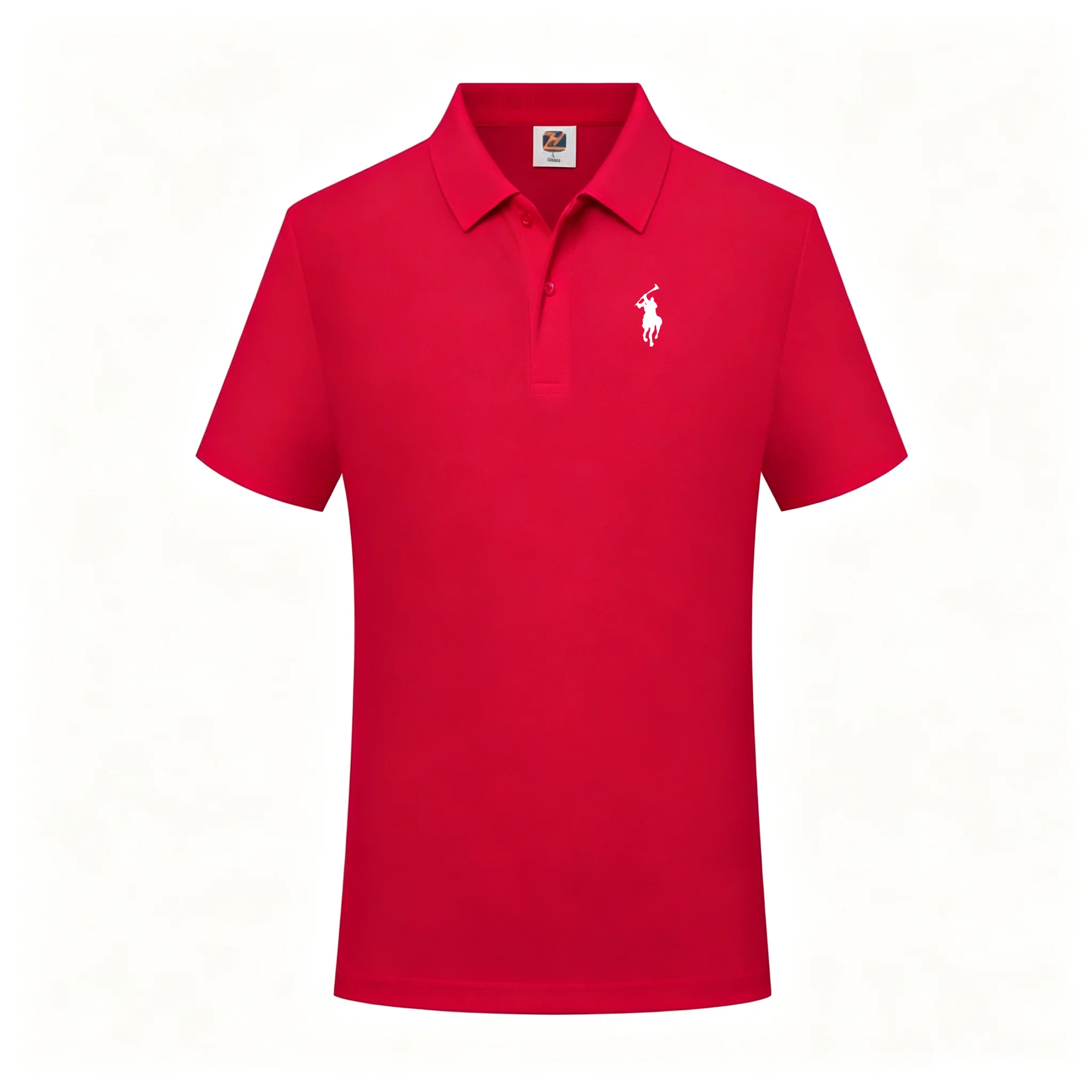 Men's breathable fabric solid colorcollar polo shirtshort sleeved business casual top with horse ridingpattern print on th chest