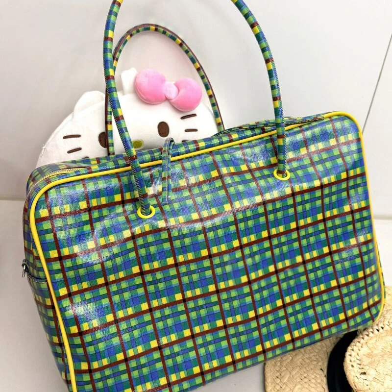 Karierte Schultertasche, Damen-Tragetasche mit großem Fassungsvermögen, minimalistische gelb-grüne Colorblock-Reisetasche mit Tragegriff – Detail 9