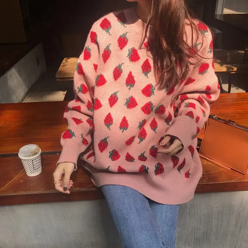 OCEANLOVE Sweet Women Sweaters Strawberries Print Long Pullovers Tops 2020 Autumn Winter Loose Sueter Mujer Girls Knitwear 12498