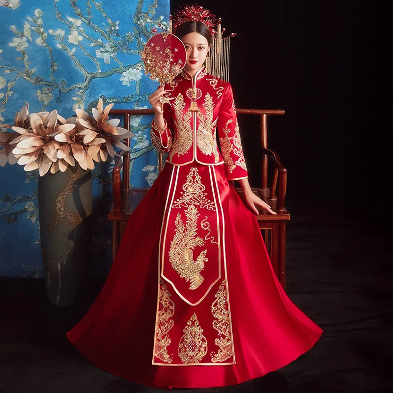 

Bride Phoenix Embroidery Wedding Dress Chinese Toast Clothing Cheongsam Tang Suit