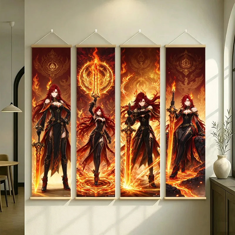 Hanging Scroll Wall Art of Genshin Impact Mavuika with Crimson Flame Motifs on Silver Shimmer Canvas for an Anime Bedroom