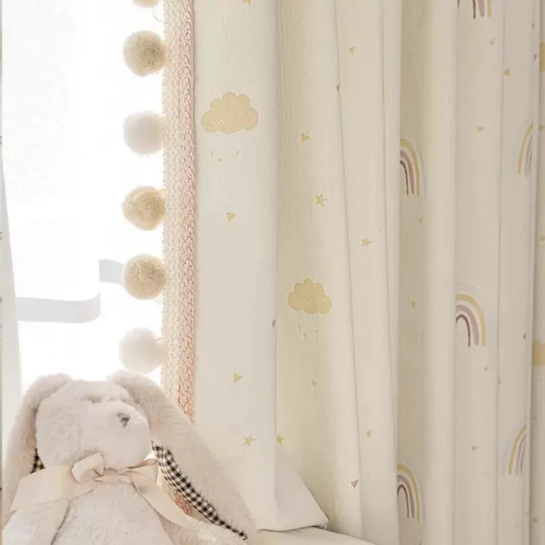 Cute Rainbow Cloud Star Print Curtain,Pom‑pom Tassel Drapes,Sweet Cartoon Window Curtains for Baby Kids Bedroom Nursery Decor