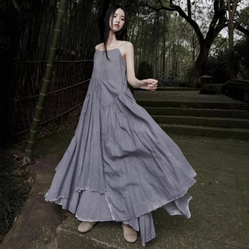 

Vintage Harajuku Cotton Dress Irregular Dye Women's Spaghetti Strap Dress Original Design Long Dress Luxury Apparel High Quality