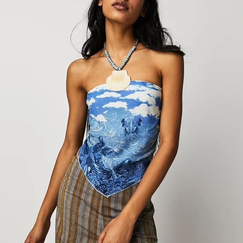 Y2k Women's Sexy Spicy Girl Vintage Flower Top Printed Strapless Open Back Irregular Summer Slim Fit Tank Top Street Wear YDL41