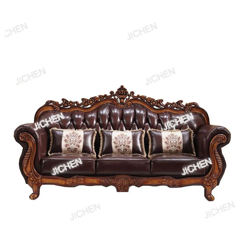 

European leather sofa living room all solid wood American villa retro first layer cowhide light luxury large apartment furniture