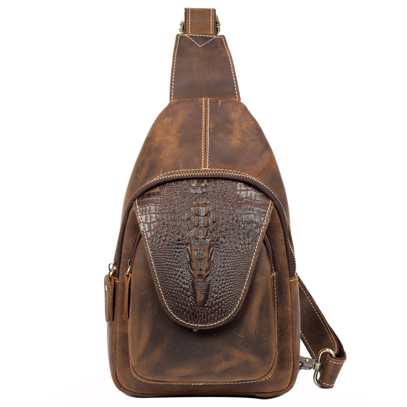 Personality crocodile pattern chest bag Crazy horse skin men's baotou layer cowhide retro shoulder bag leather chest bag