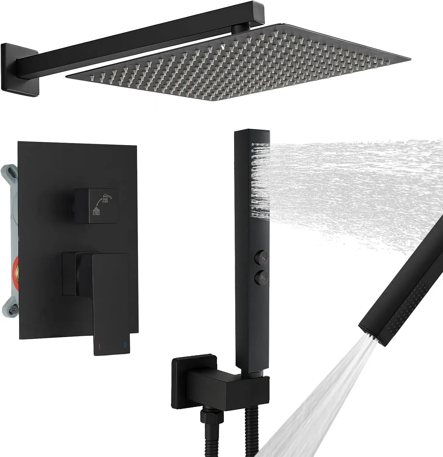 

Матовая черная душевая система с квадратной лейкой 12 дюймов, ручным распылителем и сертифицированным по cUPC клапаном для ванной комнаты с высоким давлением