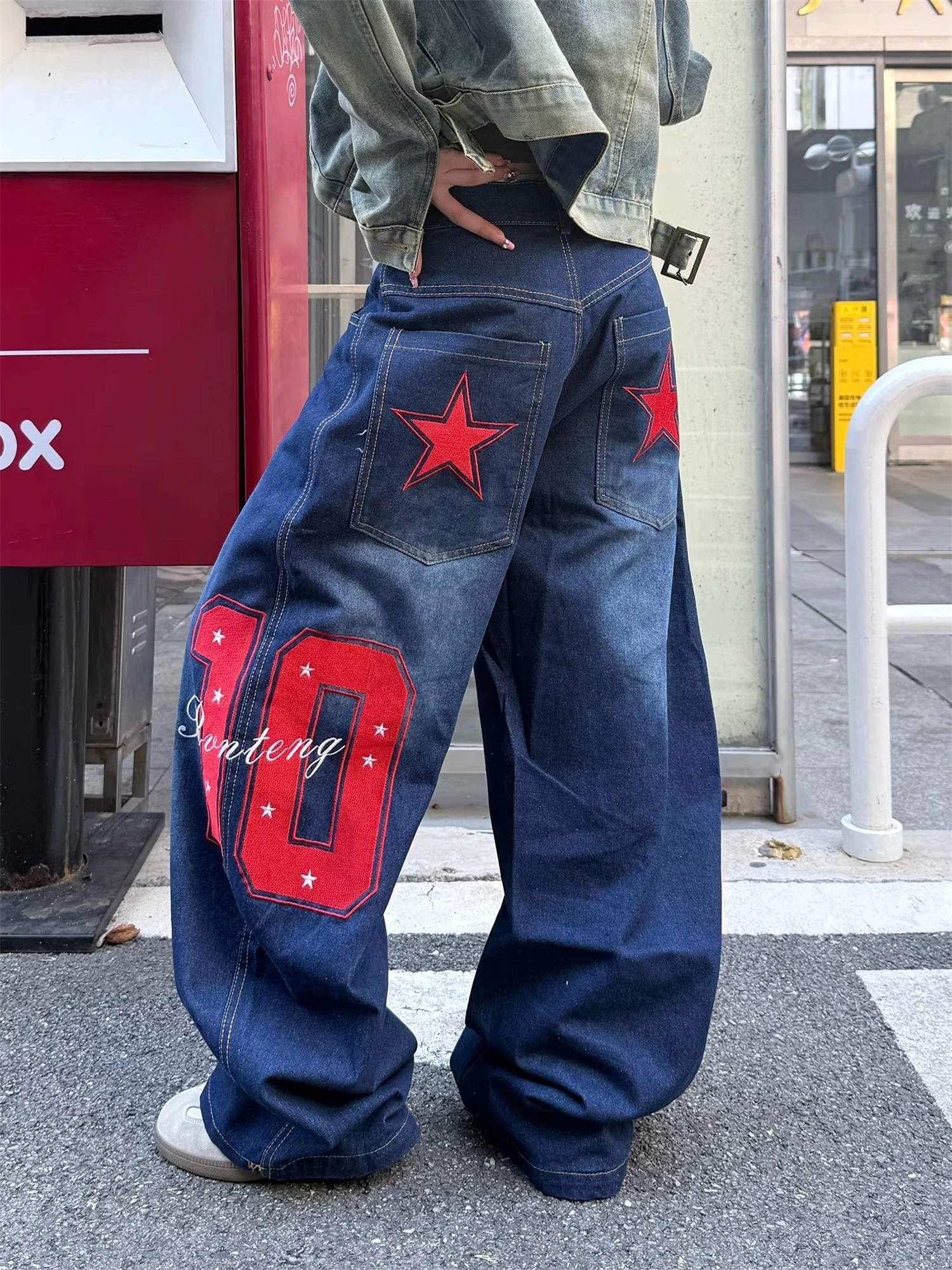 

Women's High Waist Wide Leg Dark Blue Jeans Red Star & Number Embroidery Vintage Washed Y2K Streetwear Loose Denim Trousers