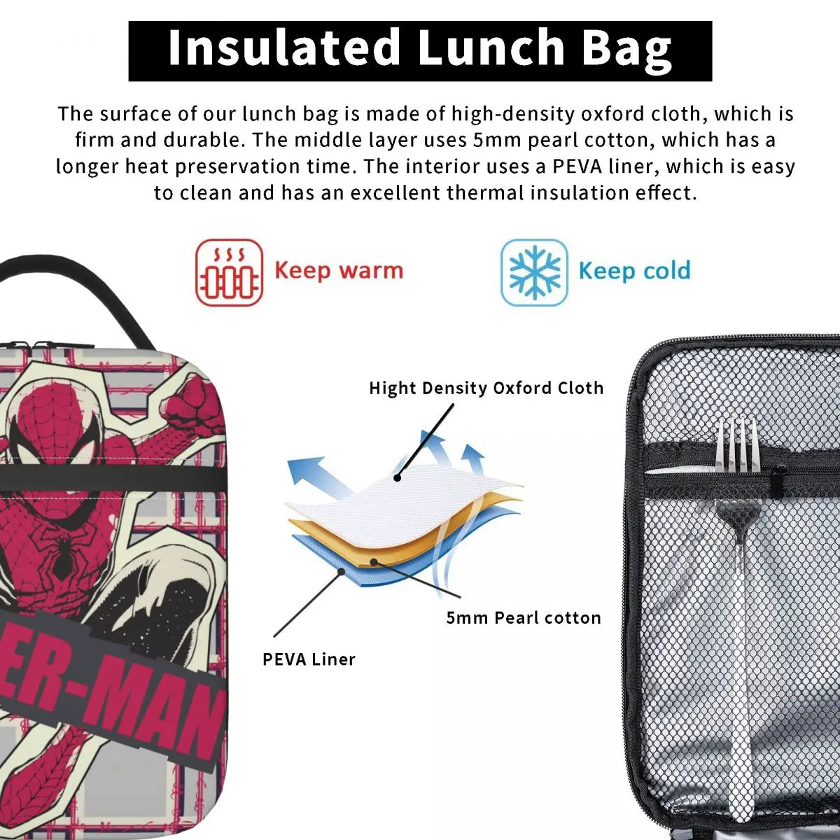 Spider Man Papierausschnitt, grafisch isolierte Lunchtasche, Kühltasche, Lunchbehälter, tragbare Tragetasche, Lunchbox, Lebensmitteltasche, Büro, Outdoor