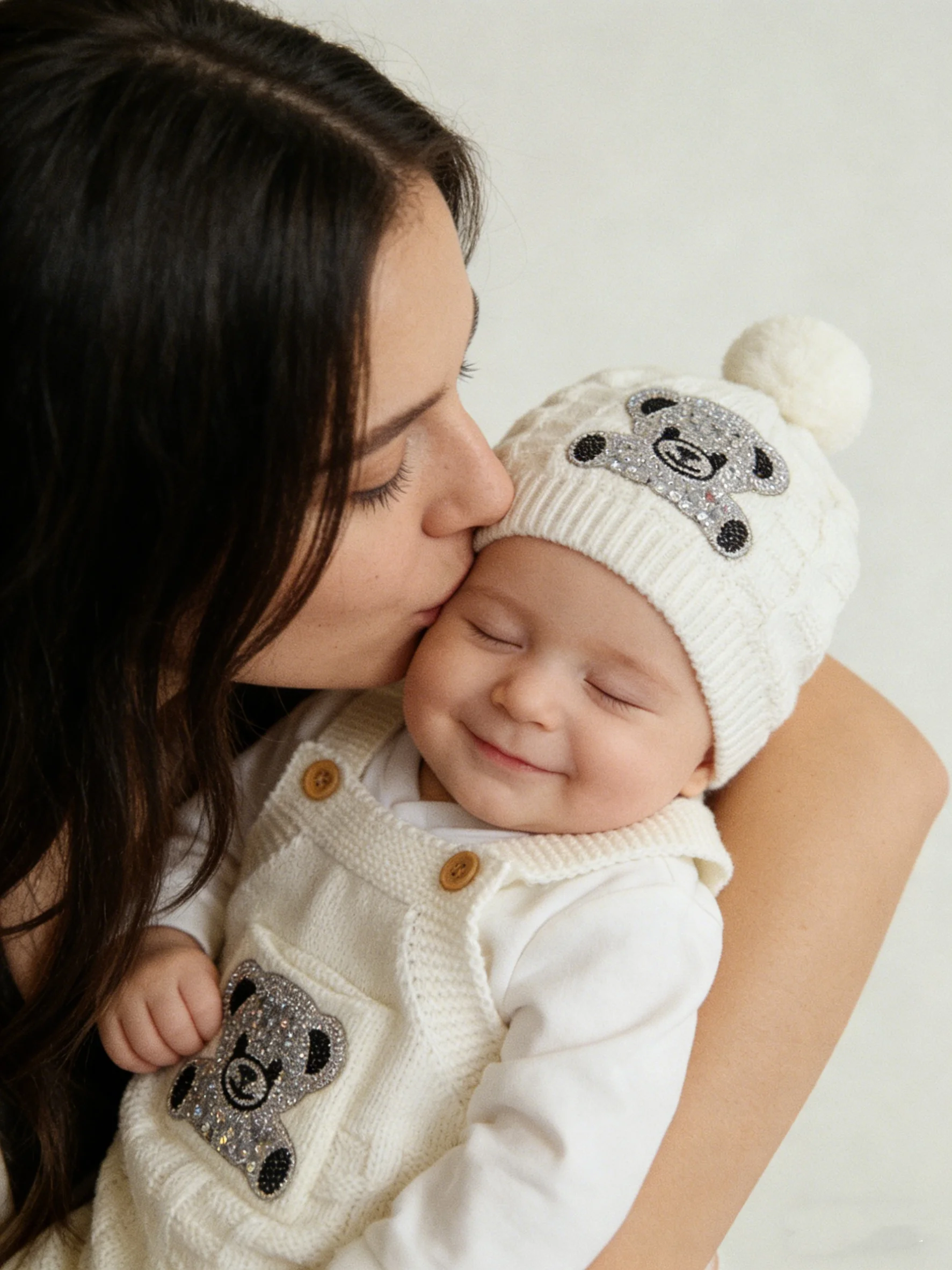 Baby Boy Cream Teddy Bear Knit Set - Overalls Onesie Hat with Rhinestone Bear - Adorable for Daily Wear, Baby Shower, Photos