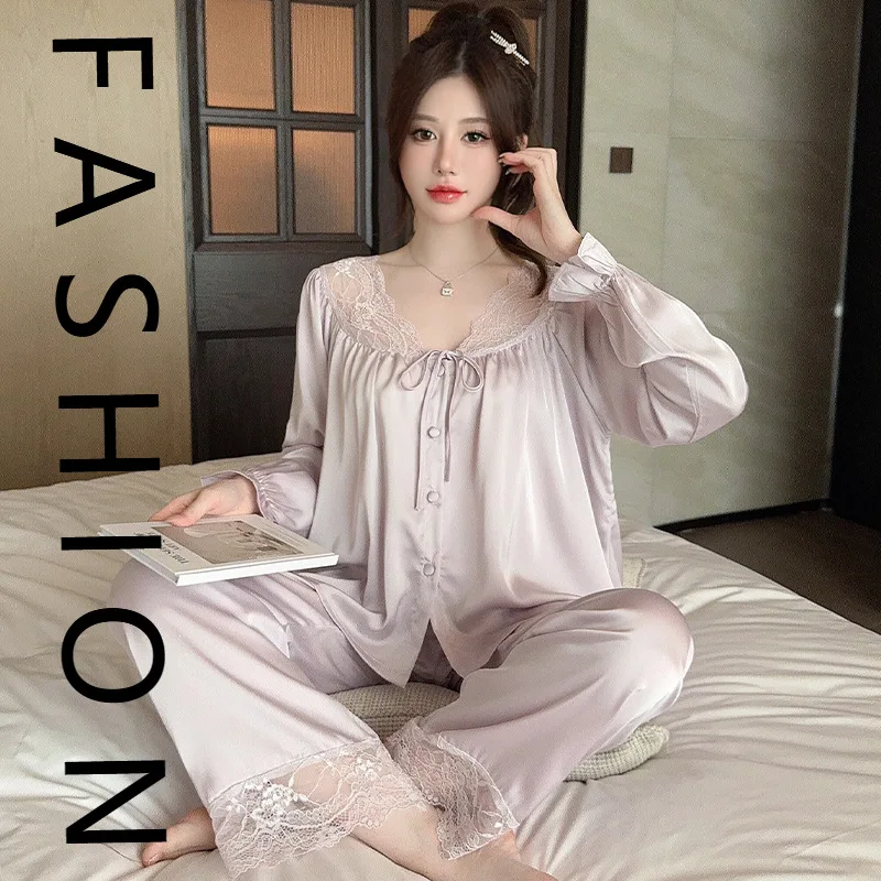

Court style ice silk pajamas women's spring and autumn new long-sleeved trousers cardigan set summer sweet lace loungewear new