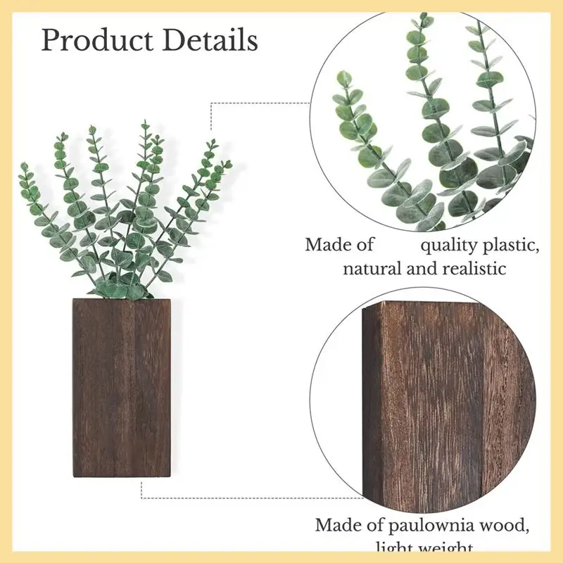

GOOD-Wood Wall Planter Vase Wall Hanging Decor Pocket Planter +Artificial Eucalyptus Farmhouse For Fake Plants Flowers