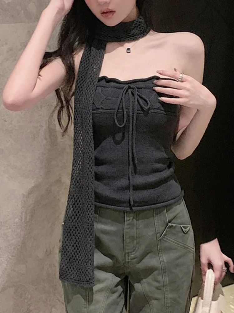 Retro Spicy Girl Style Sleeveless Tie-Detail Bandeau Vest Versatile Fashionable Slimming Back Sexy Shawl Korean Version Top